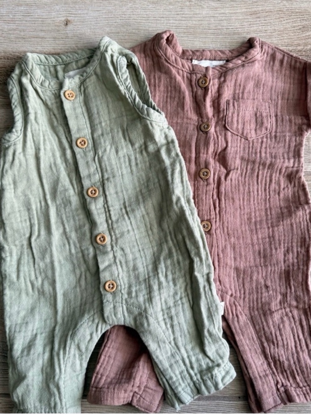 Soft Gauze Baby One-Piece Romper in Sage Green and Dusty Rose